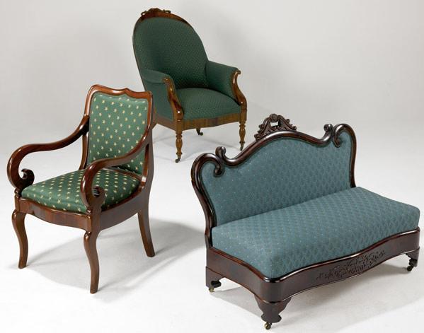 Appraisal: VICTORIAN UPHOLSTERED FURNITURE Meeks attr armchair together with Duncan Phyfe-style