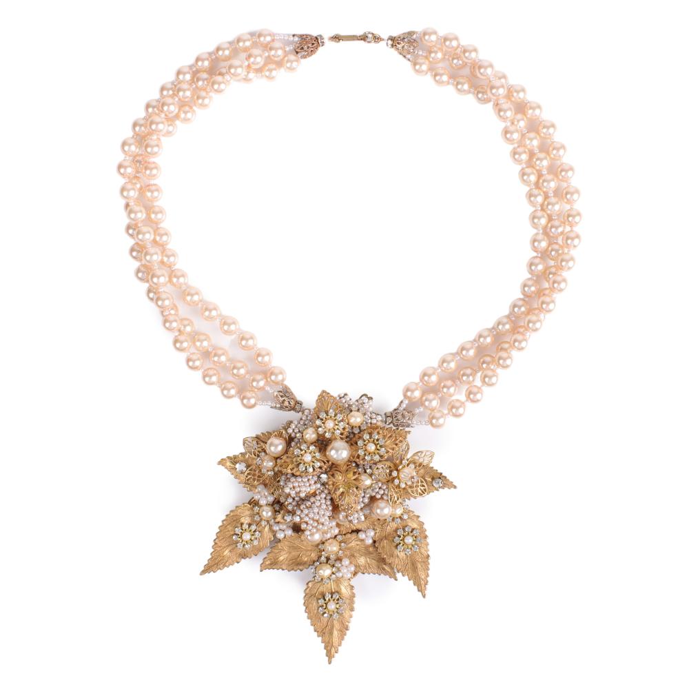 Appraisal: MIRIAM HASKELL FAUX PEARL TRIPLE STRAND NECKLACE WITH HUGE LAYERED