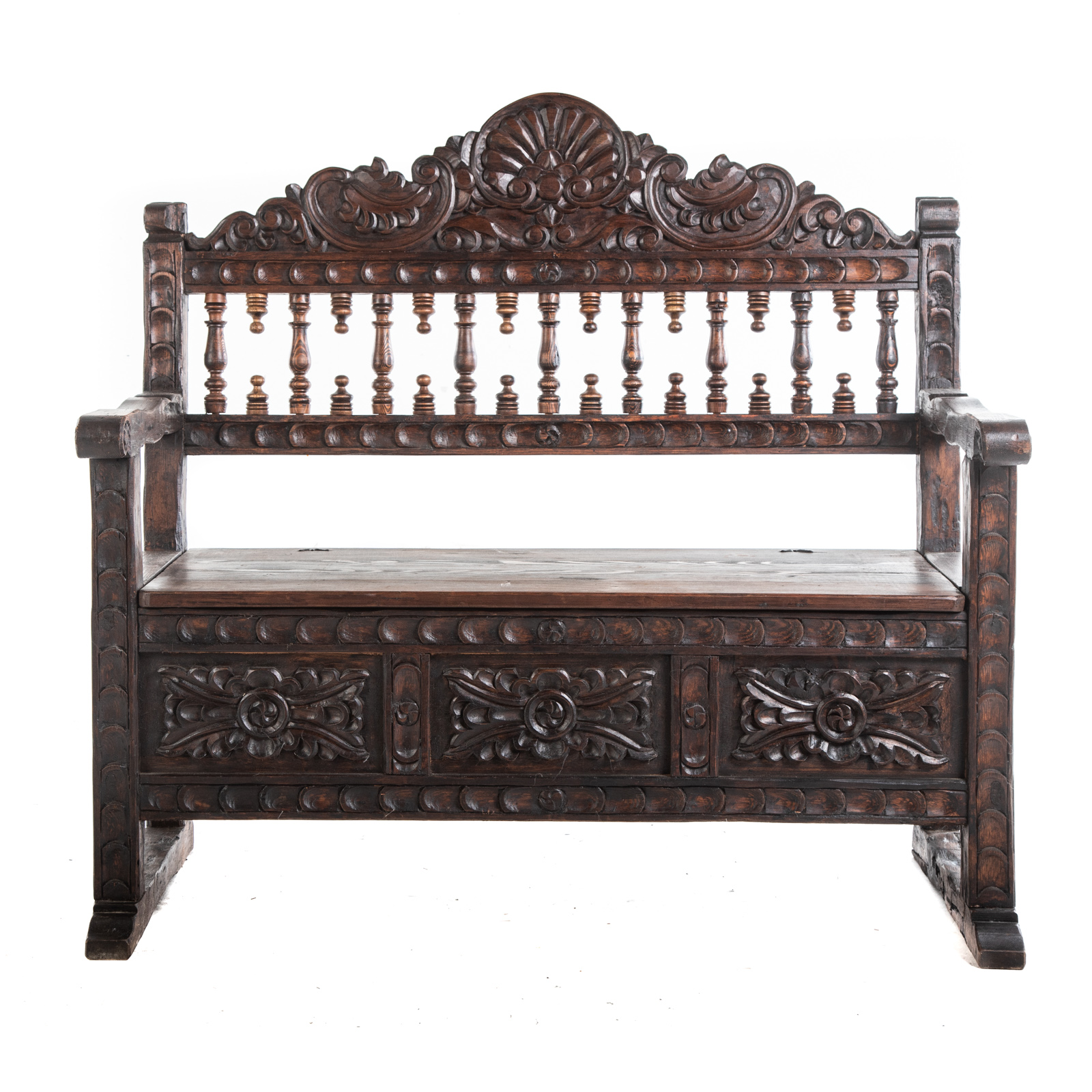 Appraisal: SPANISH COLONIAL STYLE WOOD BENCH th century carved wood bench