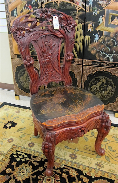 Appraisal: CARVED AND LACQUERED TEAKWOOD HALL CHAIR Japanese early th century