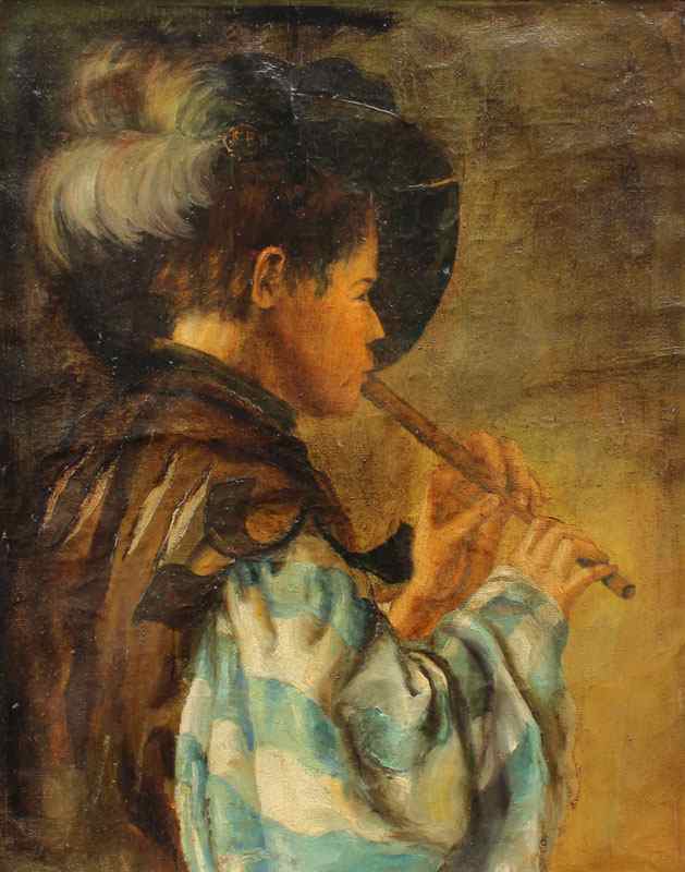 Appraisal: YOUNG FLUTE PLAYER WEARING A PLUMED HAT Oil Canvas Mounted