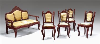 Appraisal: Chinese cinnabar lacquer suite of four chairs and a settee