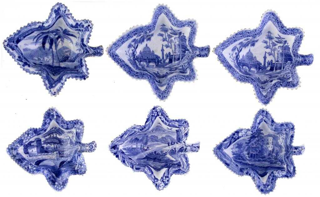 Appraisal: SIX SPODE BLUE PRINTED EARTHENWARE PICKLE DISHES of vine leaf