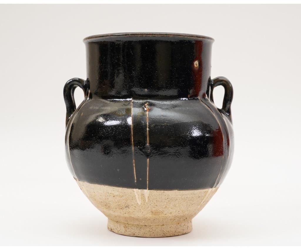 Appraisal: Chinese blackware jar with strap handles and six double slip