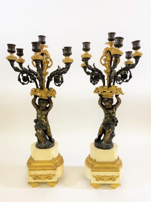 Appraisal: Large pair of late th c bronze and marble young