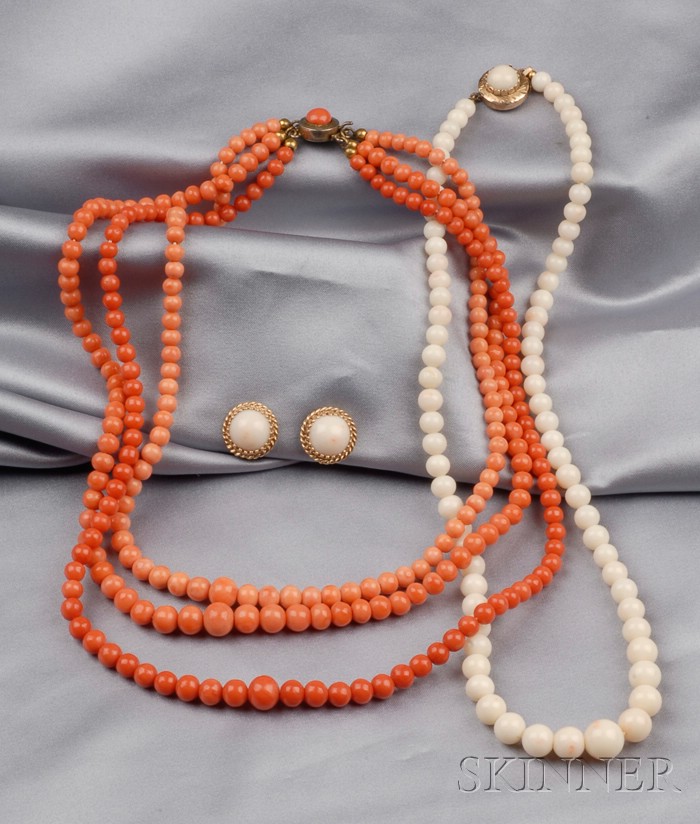 Appraisal: Group of Coral Jewelry Items a triple strand necklace gilt