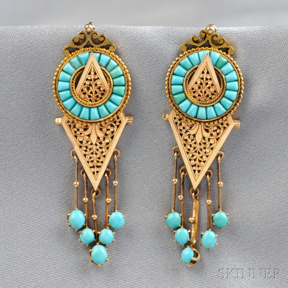 Appraisal: Antique kt Gold and Turquoise Earpendants France each designed as