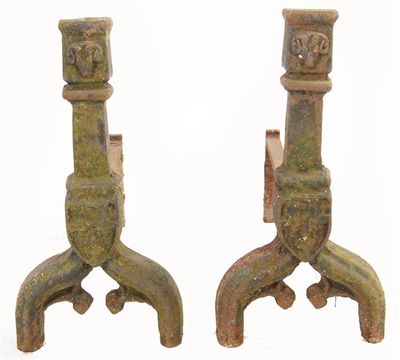 Appraisal: A pair of 'Gothic' style cast iron andirons each decorated