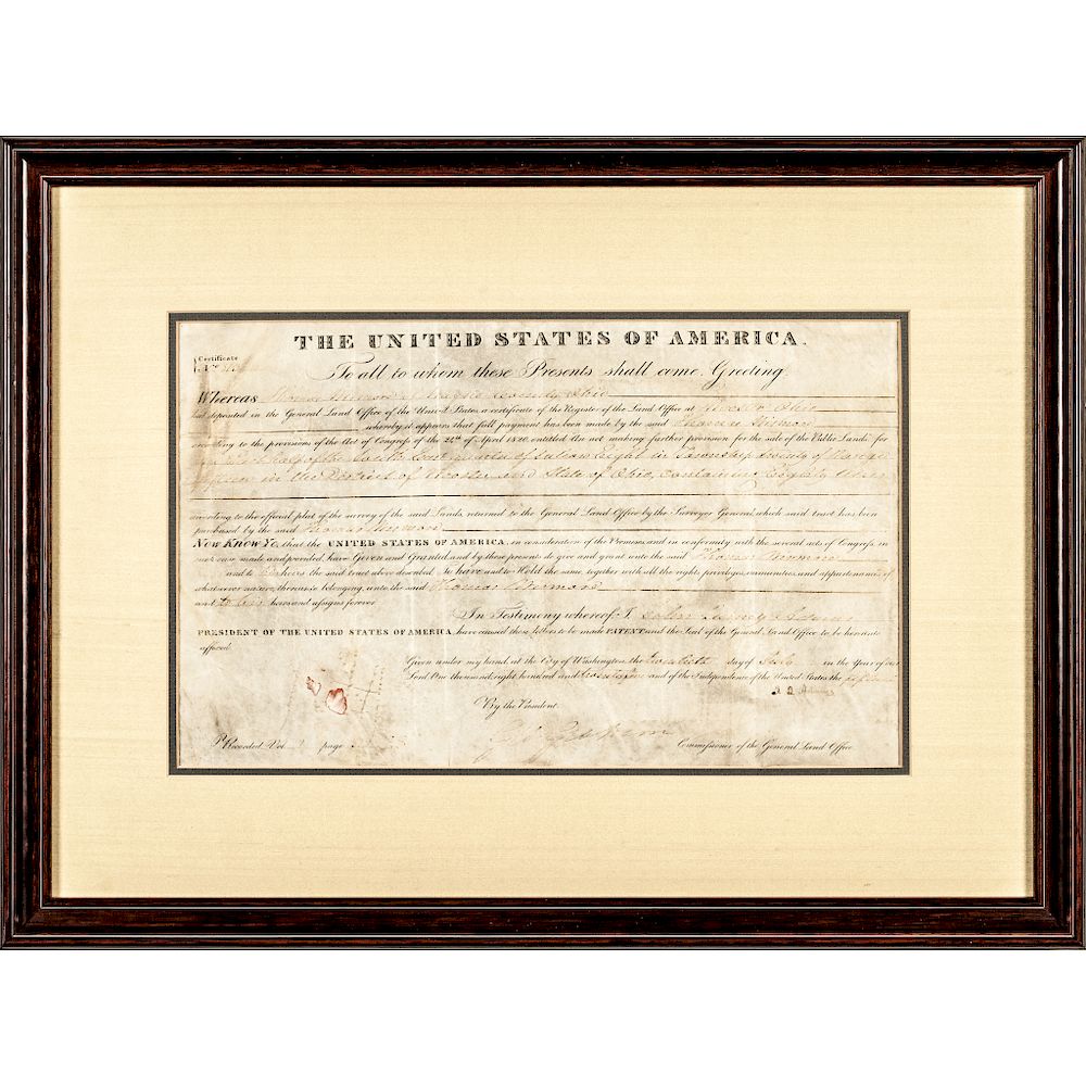 Appraisal: Vellum Land Grant Document Signed by JOHN QUINCY ADAMS as