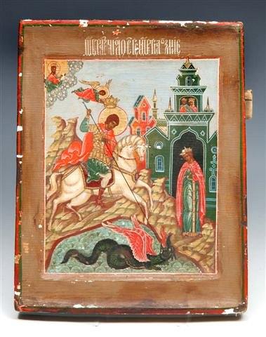 Appraisal: A TH CENTURY RUSSIAN PAINTED PINE PANEL depicting St George