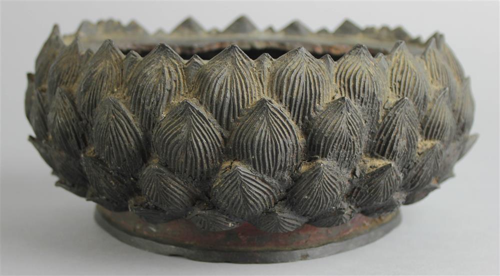 Appraisal: CHINESE BRONZE LOTUS BASE shaped to hold a figure of