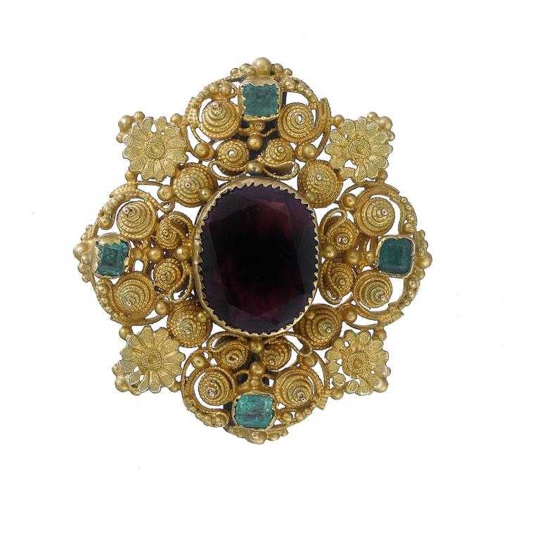 Appraisal: AN ANTIQUE FOILED EMERALD GARNET AND TWO COLOUR GOLD CANNETILLE