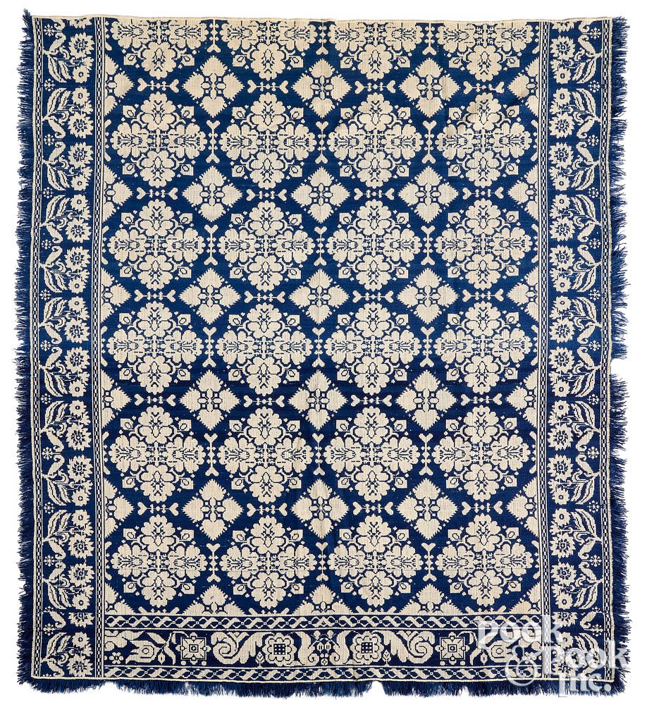 Appraisal: Blue and White Jacquard coverlet ca Blue and White Jacquard