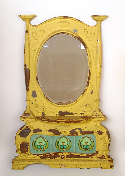 Appraisal: EARLY TH C CAST IRON MIRROR WITH NOUVEAU MINTON TILES