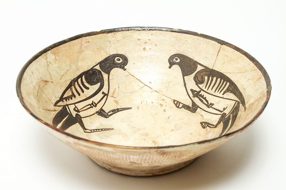 Appraisal: Nishapur Islamic Fritware Pottery Bowl with Birds Nishapur Islamic Persian