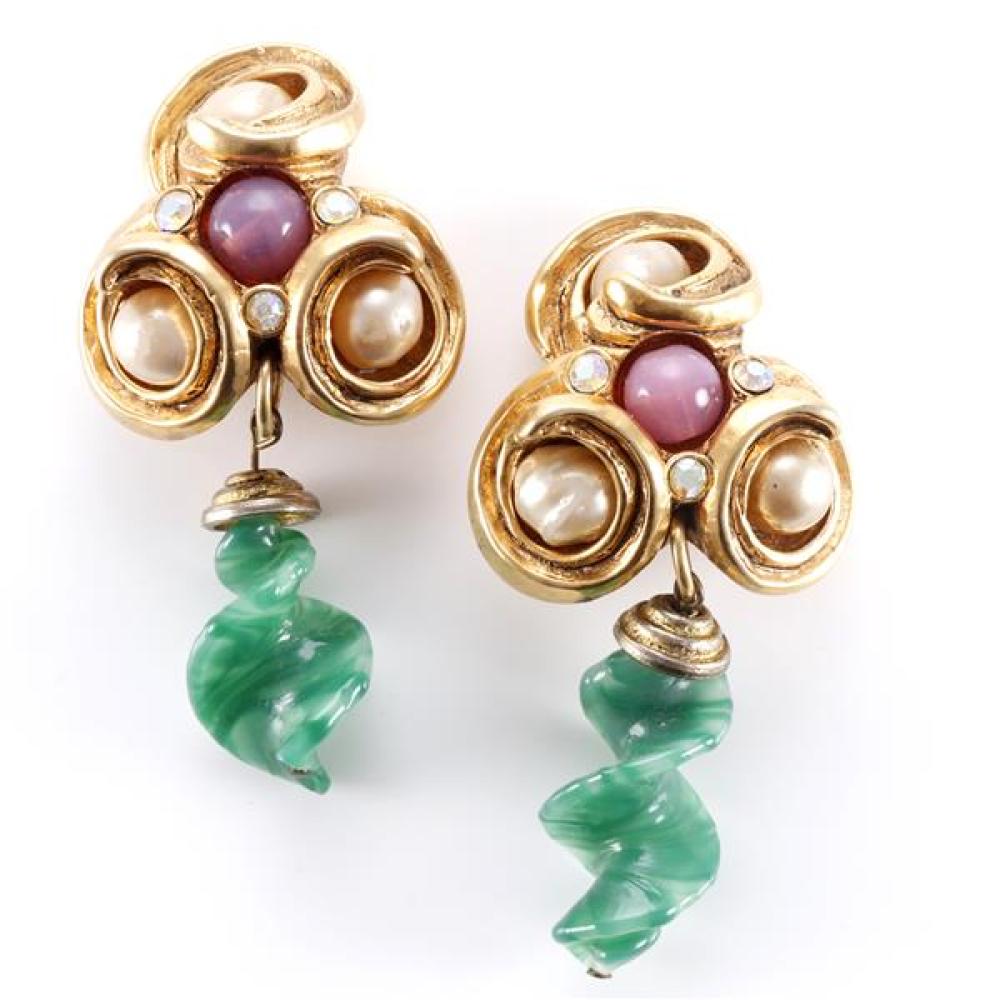 Appraisal: CLAIRE DEVE PARIS GOLD CLUSTER EARRING WITH GREEN GLASS DANGLY