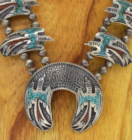 Appraisal: Native American silver content unknown squash blossom necklace likely Navajo