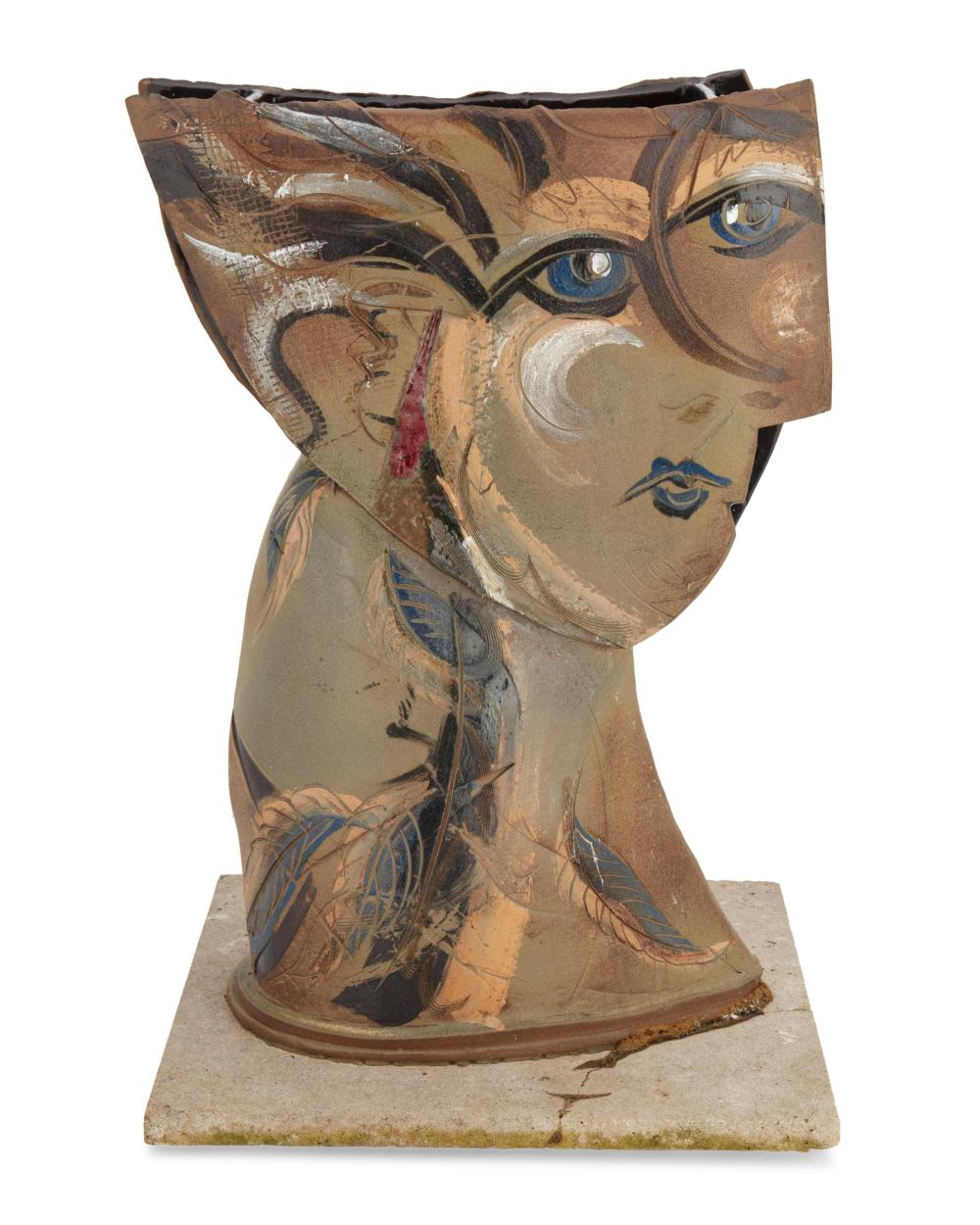 Appraisal: Julie Hawthorne b th century Face vessel Glazed ceramic on