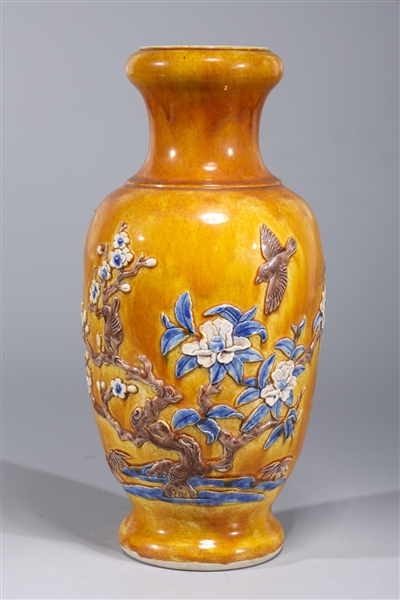 Appraisal: Chinese ochre glazed porcelain vase with birds and flowering trees