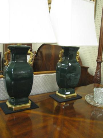 Appraisal: Pair of Asian Motif Table Lamps green porcelain and ''