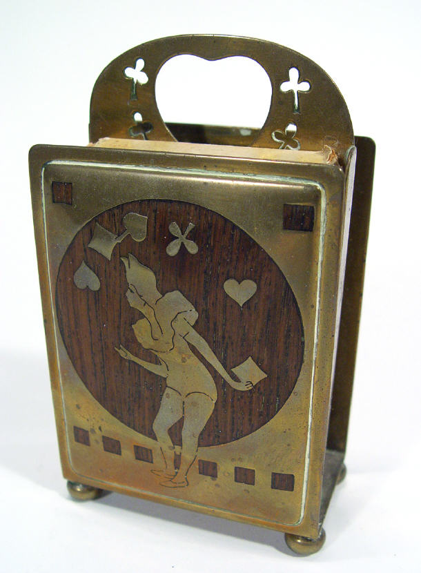 Appraisal: Art Nouveau style brass and mahogany card case with figural