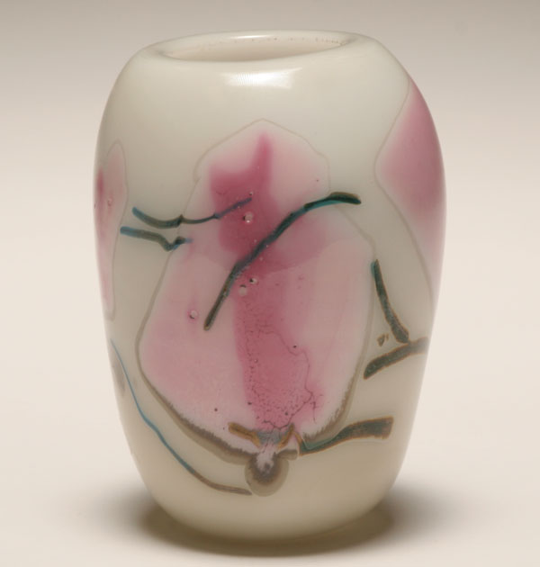 Appraisal: Stauffer white ground cylindrical glass vase Pink spots and blue