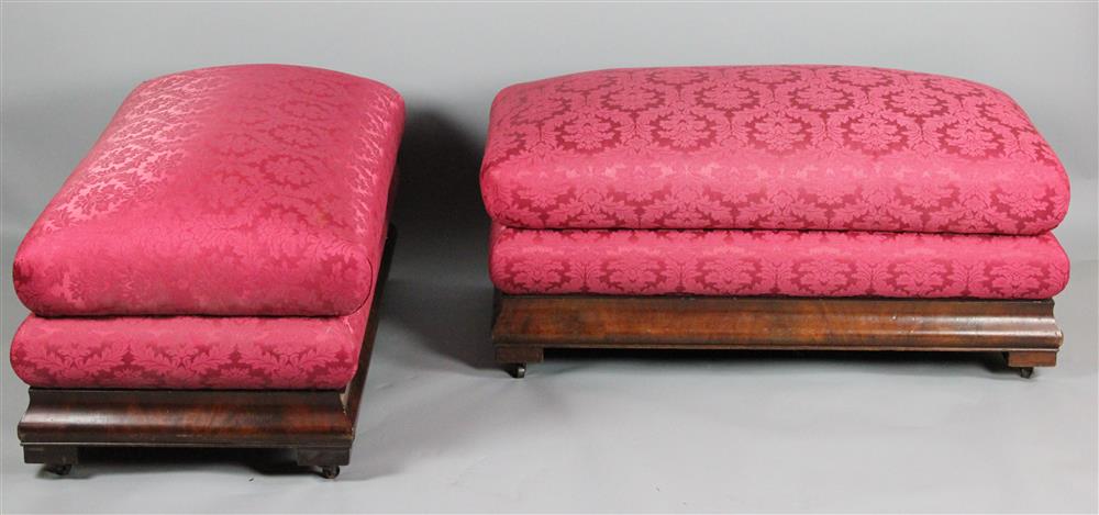 Appraisal: PAIR OF AMERICAN EMPIRE MAHOGANY AND DAMASK UPHOLSTERED OTTOMANS each