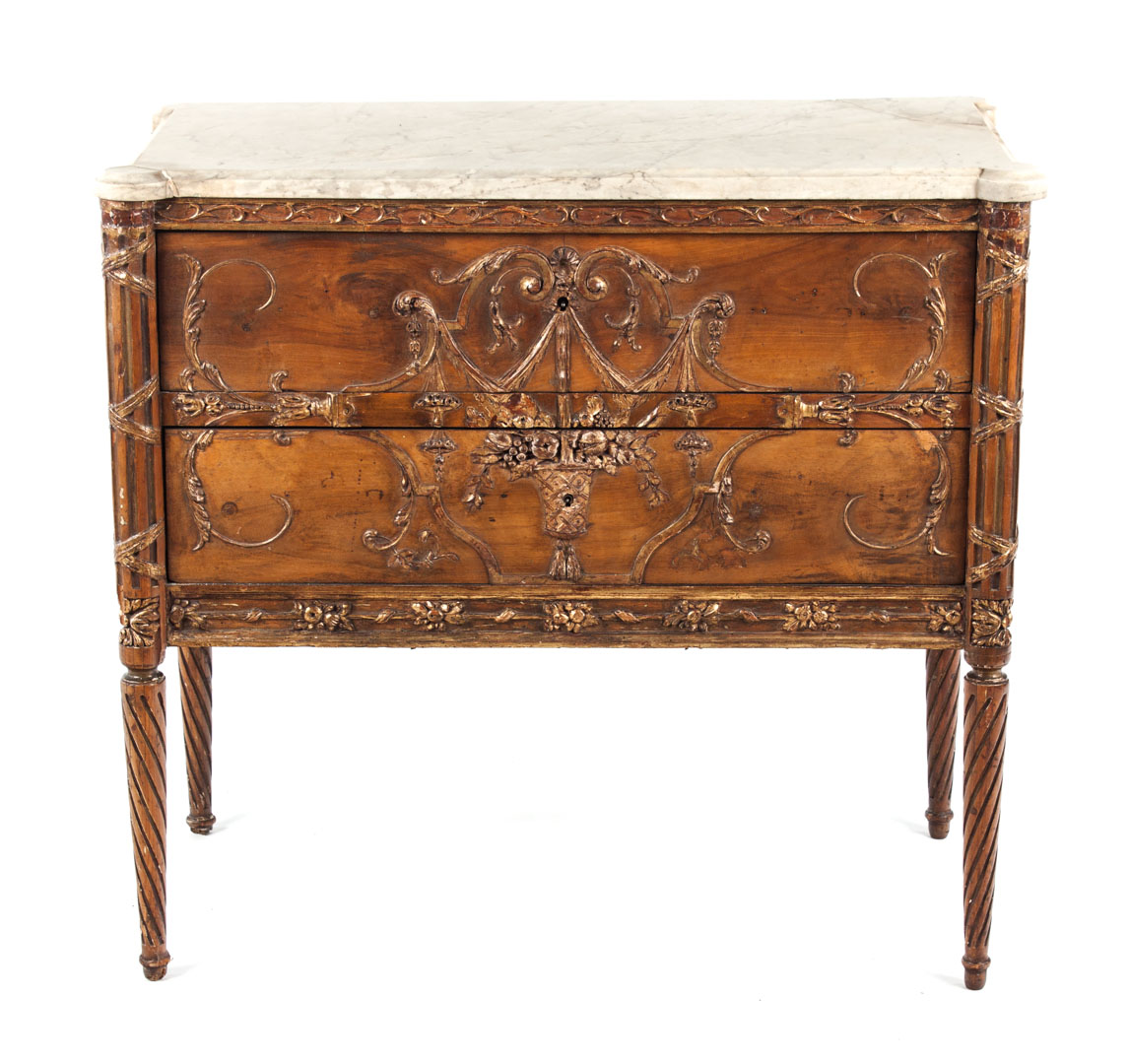 Appraisal: Louis XVI style fruitwood marble top commode late th century