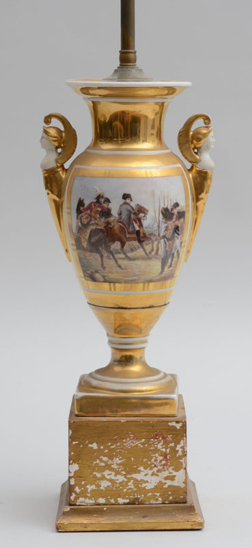 Appraisal: PARIS PORCELAIN SCENIC URN MOUNTED AS A LAMP Showing a