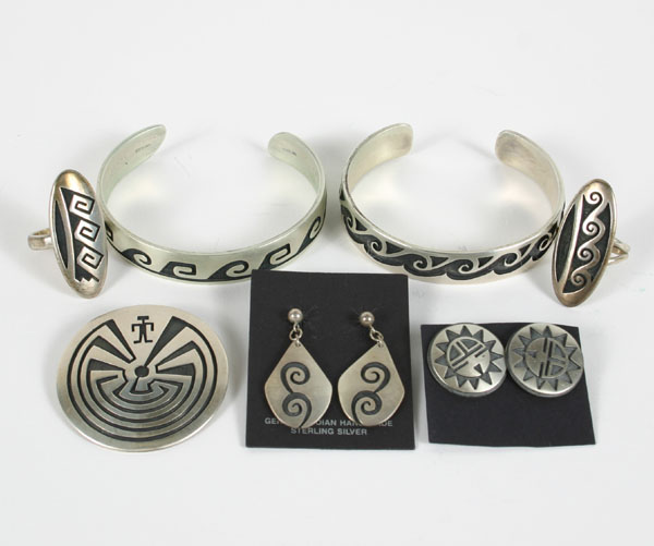 Appraisal: Lot of seven pieces Native American brushed sterling jewelry with