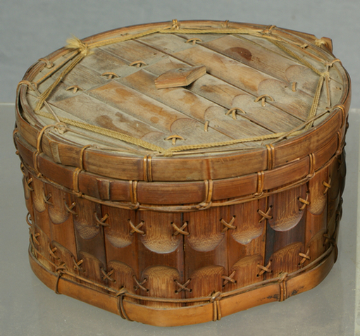 Appraisal: Native American hexagonal cedar basket with round lid d Estimate