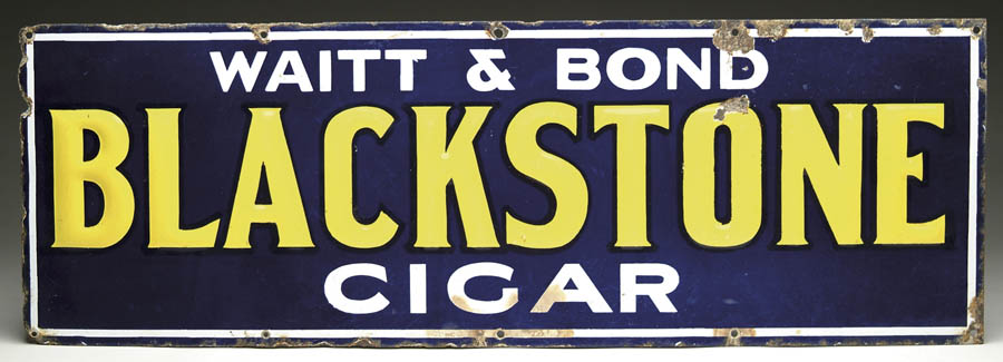 Appraisal: BLACKSTONE CIGAR PORCELAIN SIGN Waitt Bond embossed cigar sign SIZE