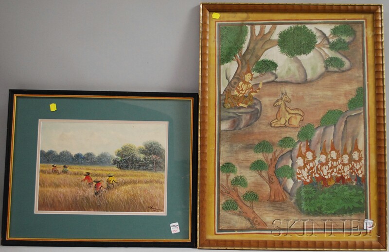 Appraisal: Two Framed Asian Paintings a Burmese gouache allegorical scene and