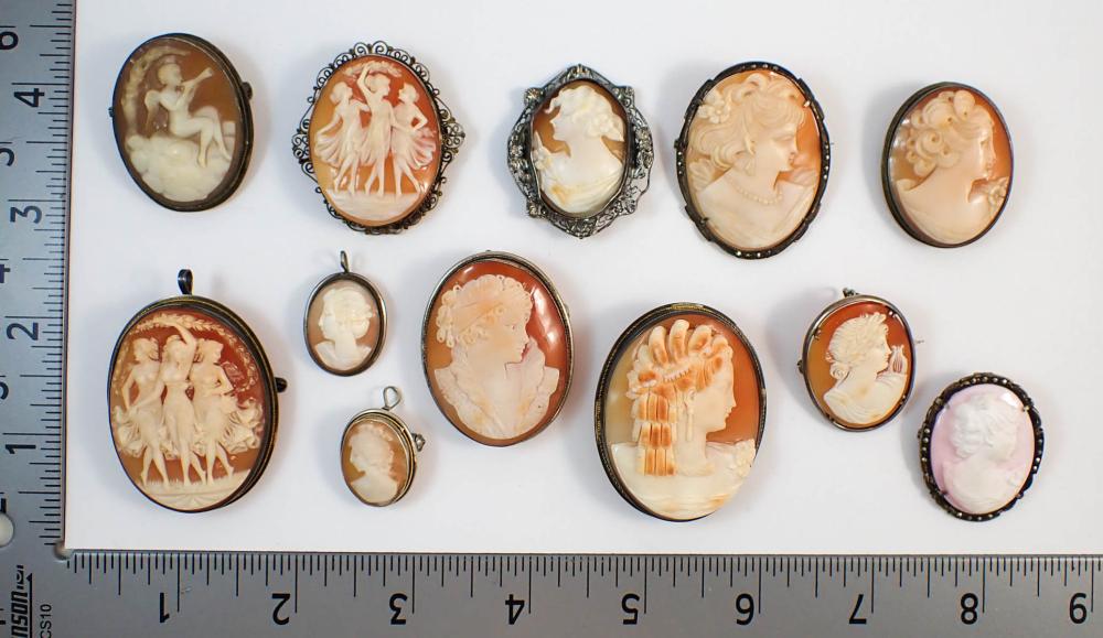 Appraisal: COLLECTION OF TWELVE CAMEO PENDANT BROOCHES each in oval silver