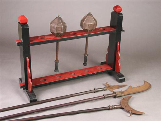 Appraisal: FIVE CHINESE THEATRICAL WEAPONS Together with wooden stand - in