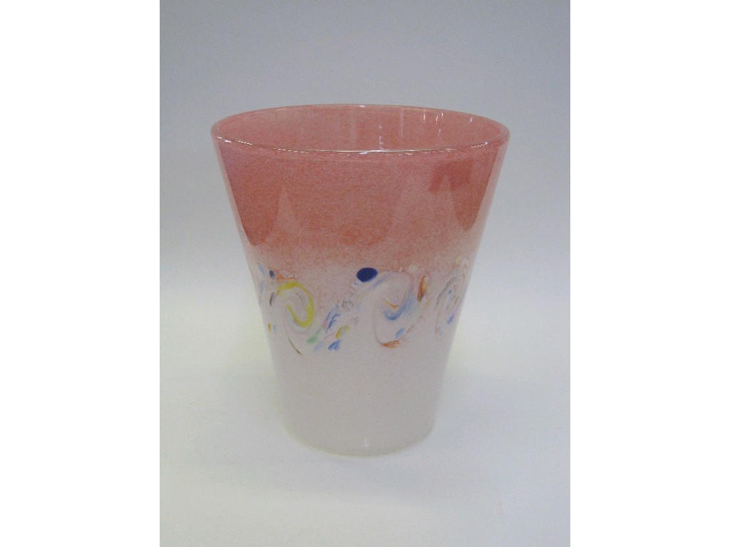 Appraisal: Scottish glass bucket shaped vase in pink with swirling decoration