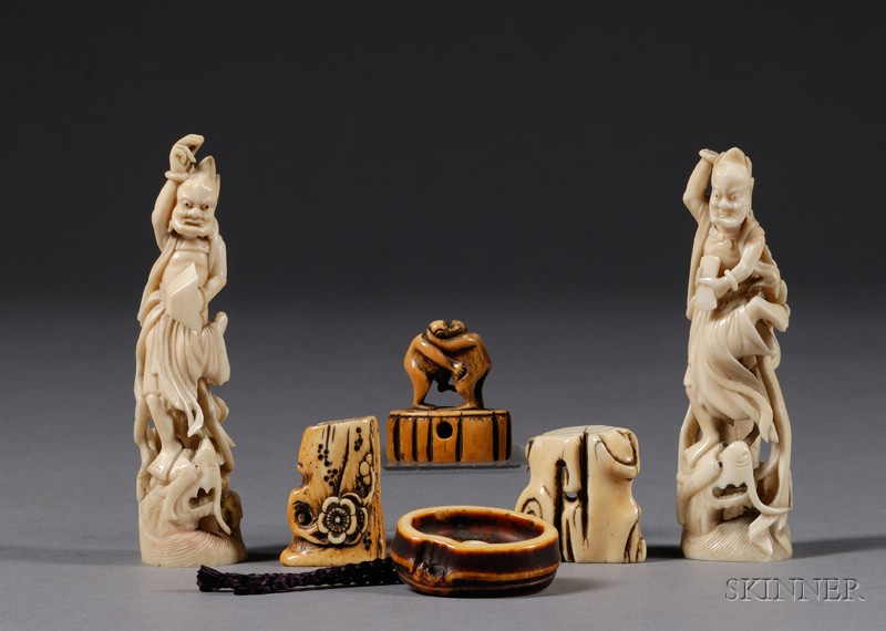 Appraisal: Six Ivory Carvings China th th century four toggles and