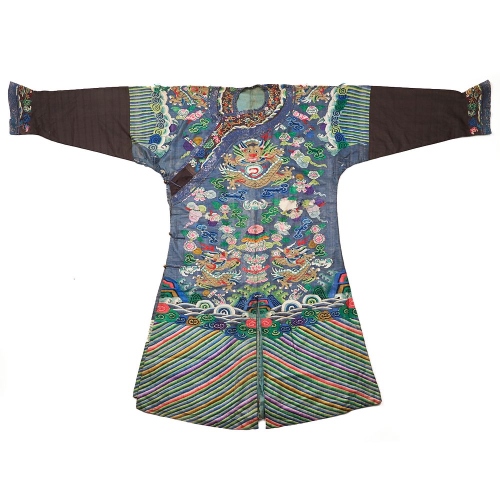 Appraisal: th C Qing Chinese Blue Silk Brocade Dragon Robe th