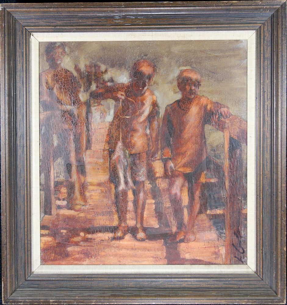 Appraisal: th C Signed Painting Boys on Fishing Dock th C