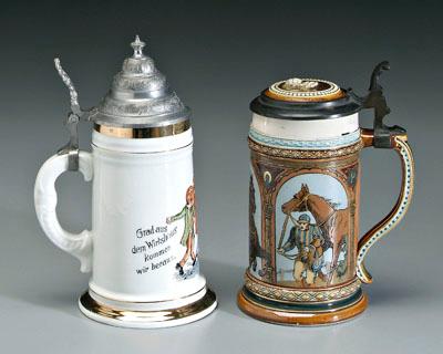 Appraisal: Two German steins half liter with incised equestrian scenes base