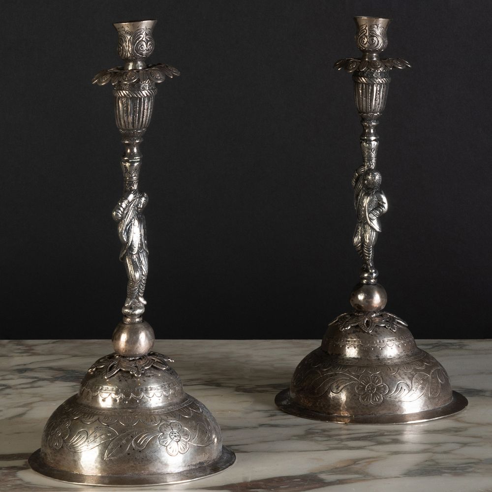 Appraisal: Pair of Spanish Colonial Style Silver Metal Etched Figural Candlesticks