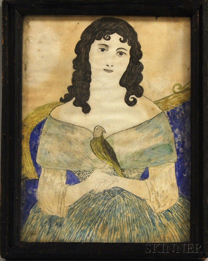 Appraisal: Framed Watercolor Portrait of a Girl with a Bird America