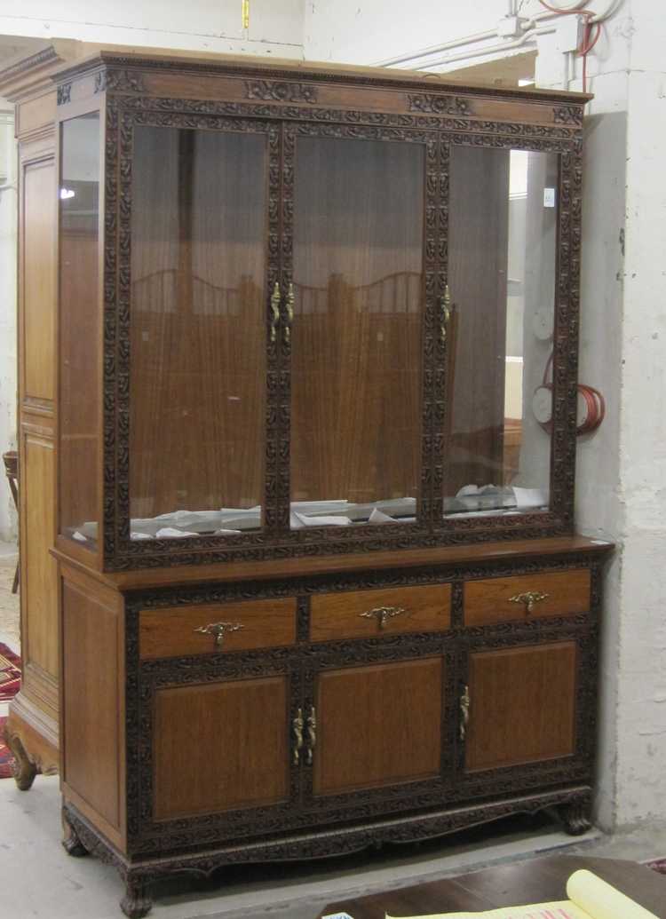 Appraisal: CARVED TEAKWOOD CHINA CABINET ON BUFFET Thailand mid- th century