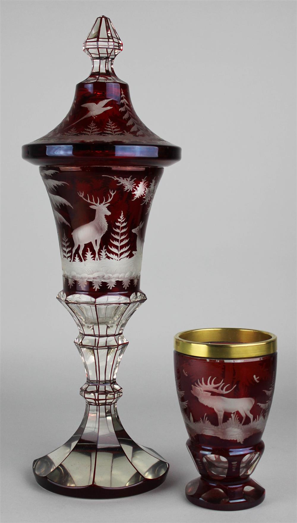 Appraisal: BOHEMIAN RUBY CUT TO CLEAR GLASS COVERED GOBLET AND SIMILAR