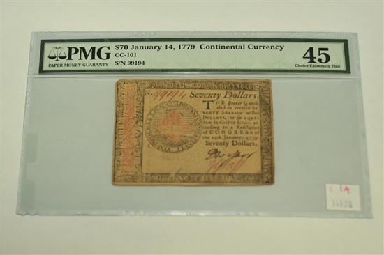 Appraisal: AMERICAN CONTINENTAL CURRENCY NOTE Seventy dollar note printed by Hall