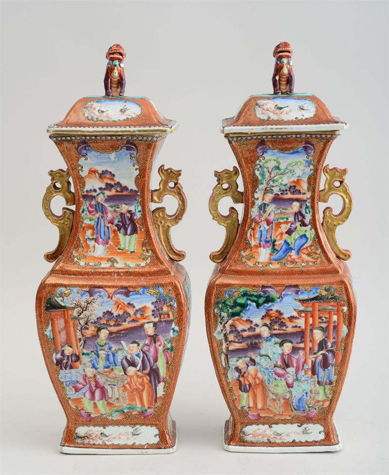 Appraisal: PAIR OF CHINESE FAMILLE ROSE PORCELAIN ANGULAR BALUSTER-FORM VASES AND