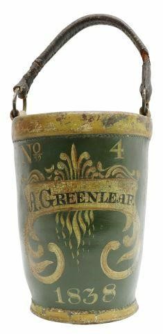 Appraisal: American paint-decorated leather fire bucket c stitched construction painted banner