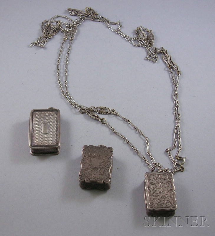 Appraisal: Three Silver Vinaigrettes and A Silver Chain