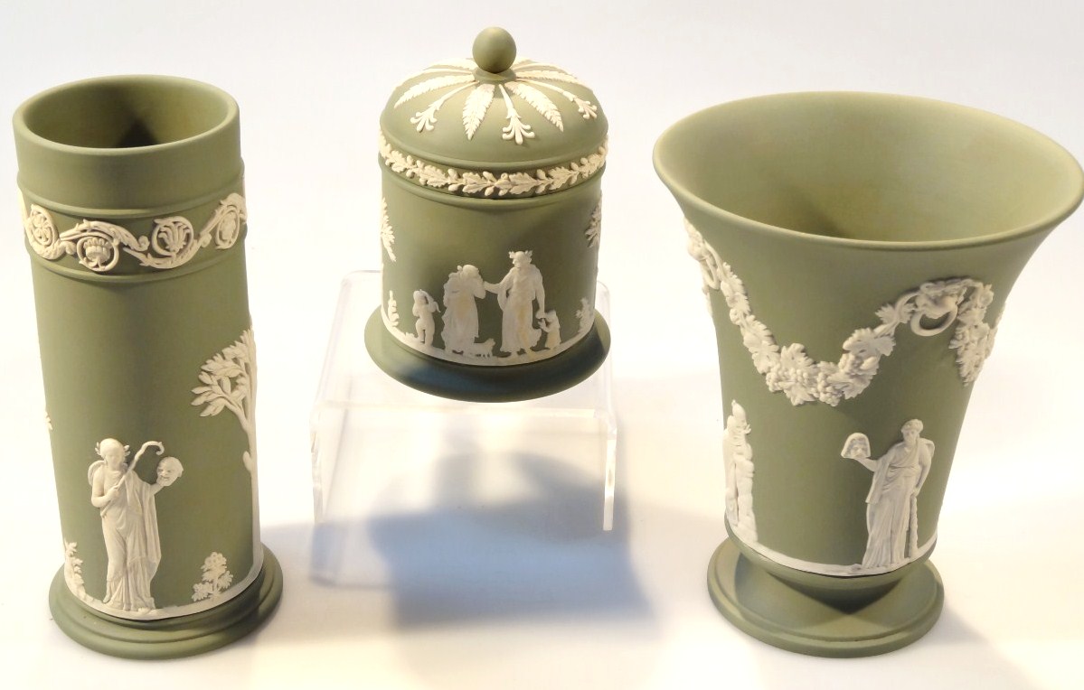 Appraisal: Various Wedgwood green Jasperware comprising a vase of inverted trumpet