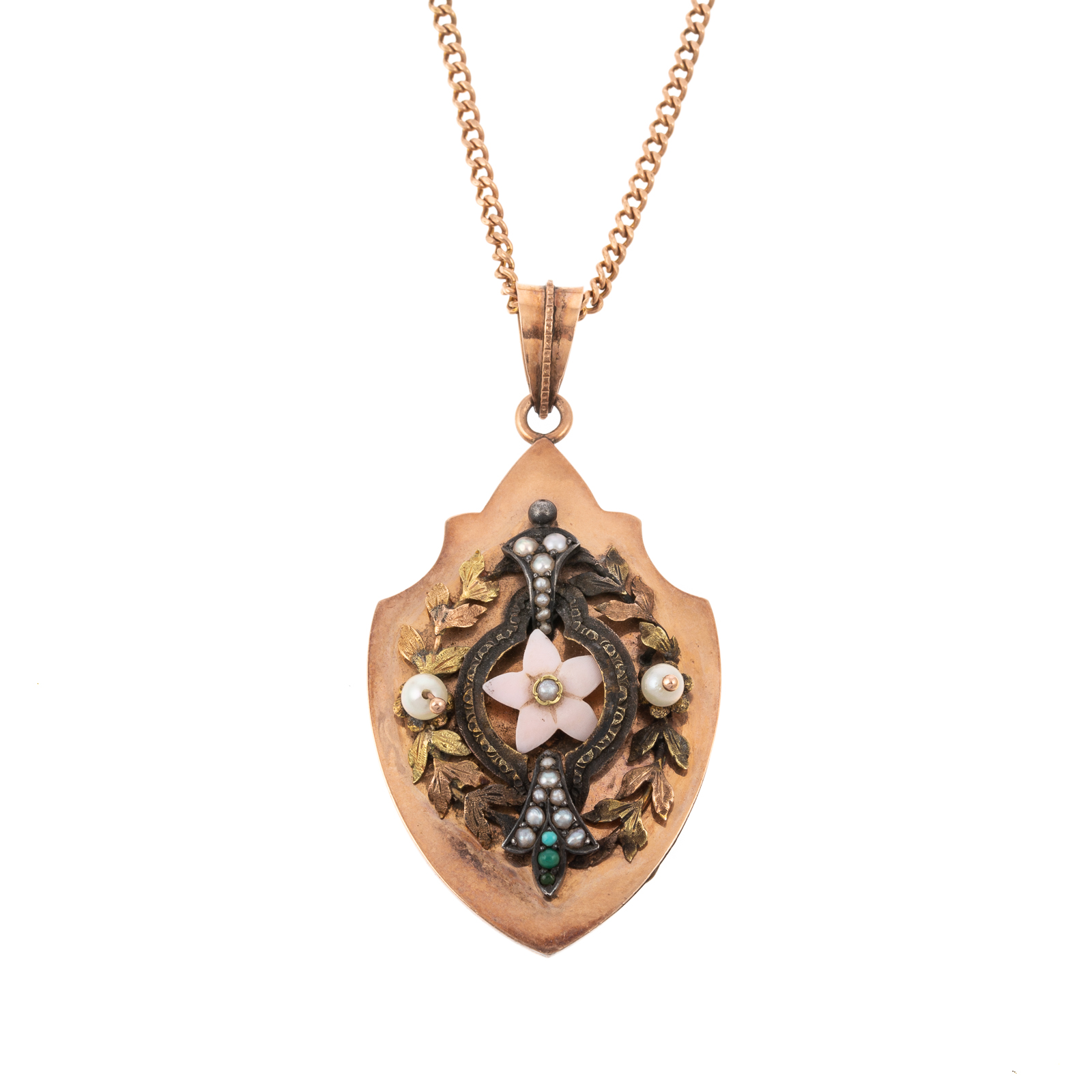 Appraisal: A VICTORIAN FLORAL LOCKET IN K WITH LONG CHAIN K